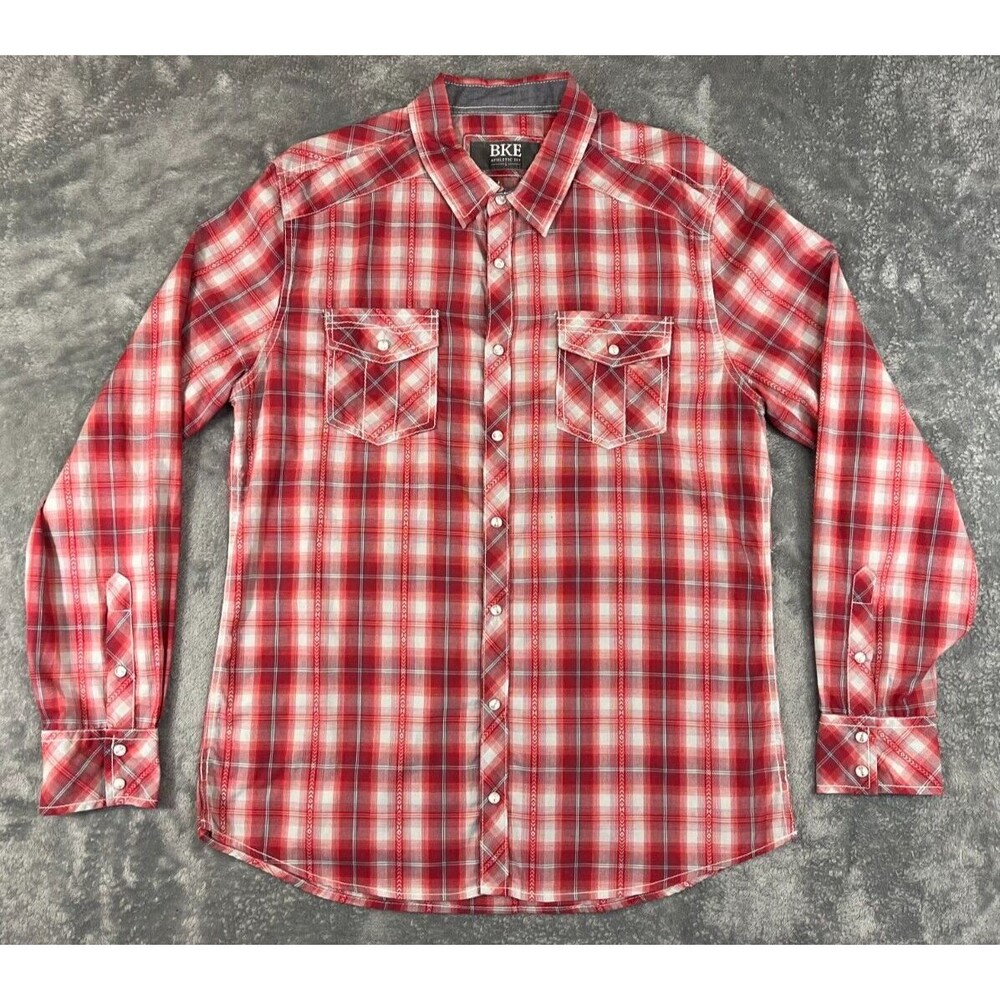 BKE Men's Large Pearl Snap Red Plaid Long Sleeve Casual Shirt Athletic Fit